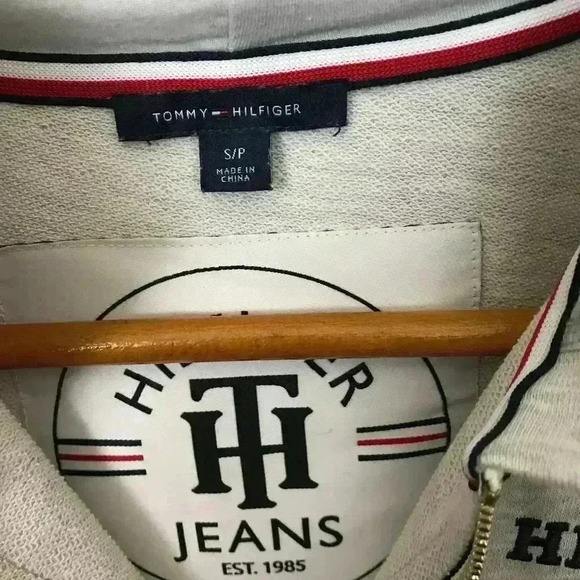 TOMMY HILFIGER 85 Gray Blue Red Small Full Zip Cotton Blend Hoodie Jacket - Picture 6 of 9